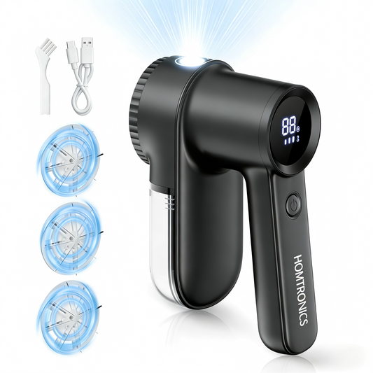Fabric Shaver Rechargeable Lint Remover : 3-Speeds Sweater Shaver with LED Display & LED Light, Electric Lint Remover, 3 Extra Blades, Type-C Fast Charging Port - Black