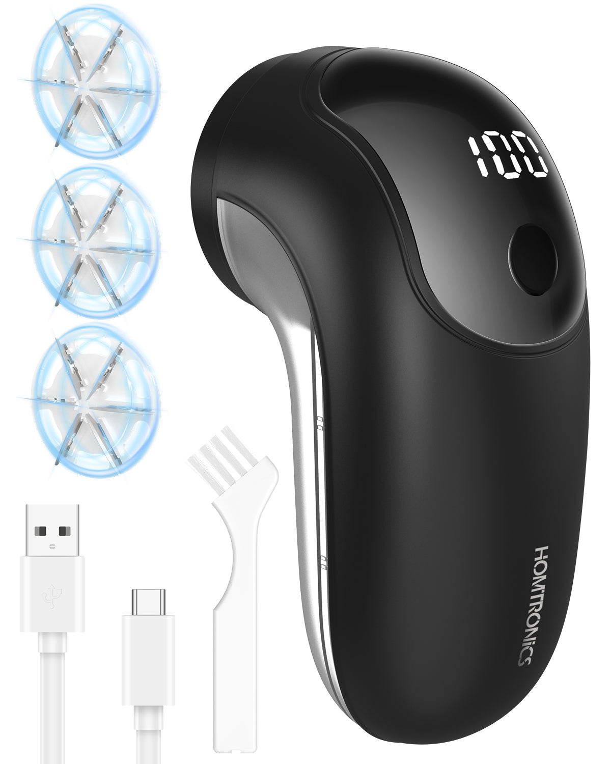 Rechargeable Fabric Shaver, [Highly Efficient] Homtronics Lint Remover with 3 Stainless Steel 6-Leaf Blades, 3 Speeds, Lint Shaver with LED Battery Display [Black]