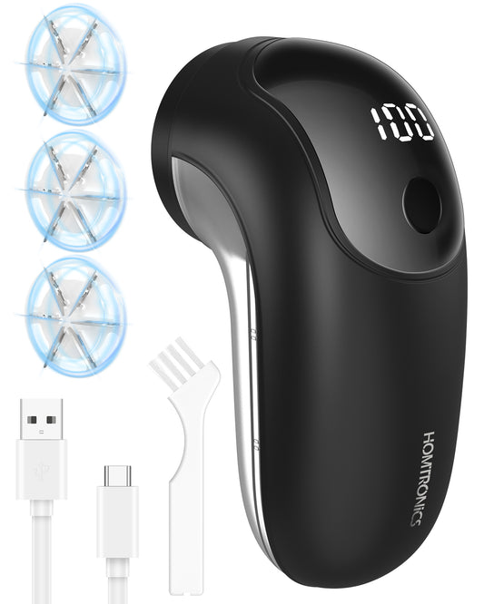 Rechargeable Fabric Shaver, [Highly Efficient] Homtronics Lint Remover with 3 Stainless Steel 6-Leaf Blades, 3 Speeds, Lint Shaver with LED Battery Display [Black]