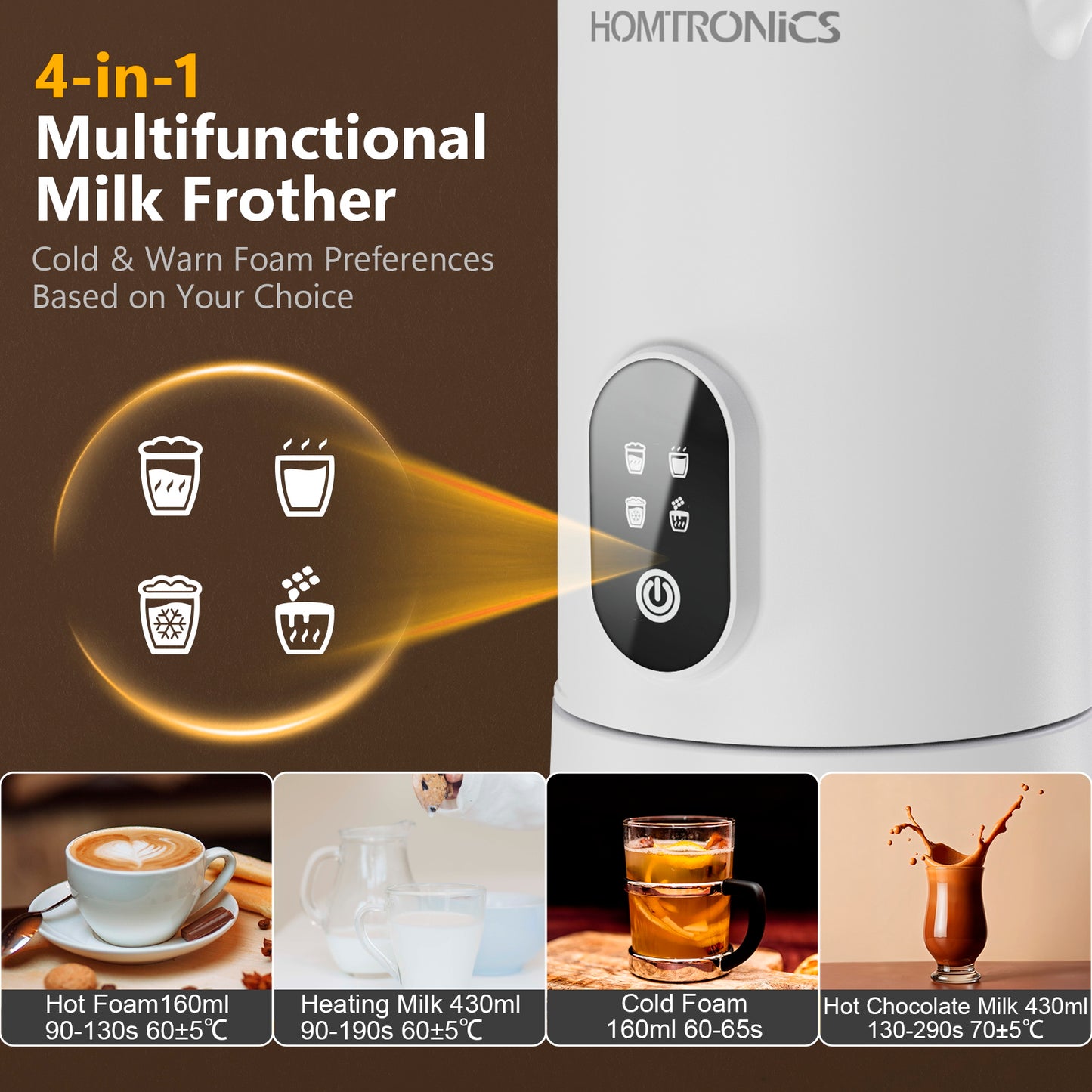 Homtronics 4 in 1 14.5 oz/430ml Electric Milk Frother and Steamer