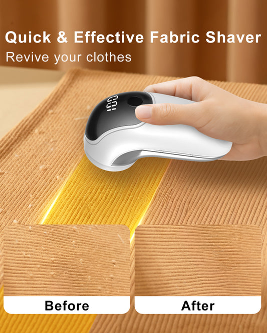 Rechargeable Fabric Shaver, [Highly Efficient] Homtronics Lint Remover with 3 Stainless Steel 6-Leaf Blades, 3 Speeds, Lint Shaver with LED Battery Display - White