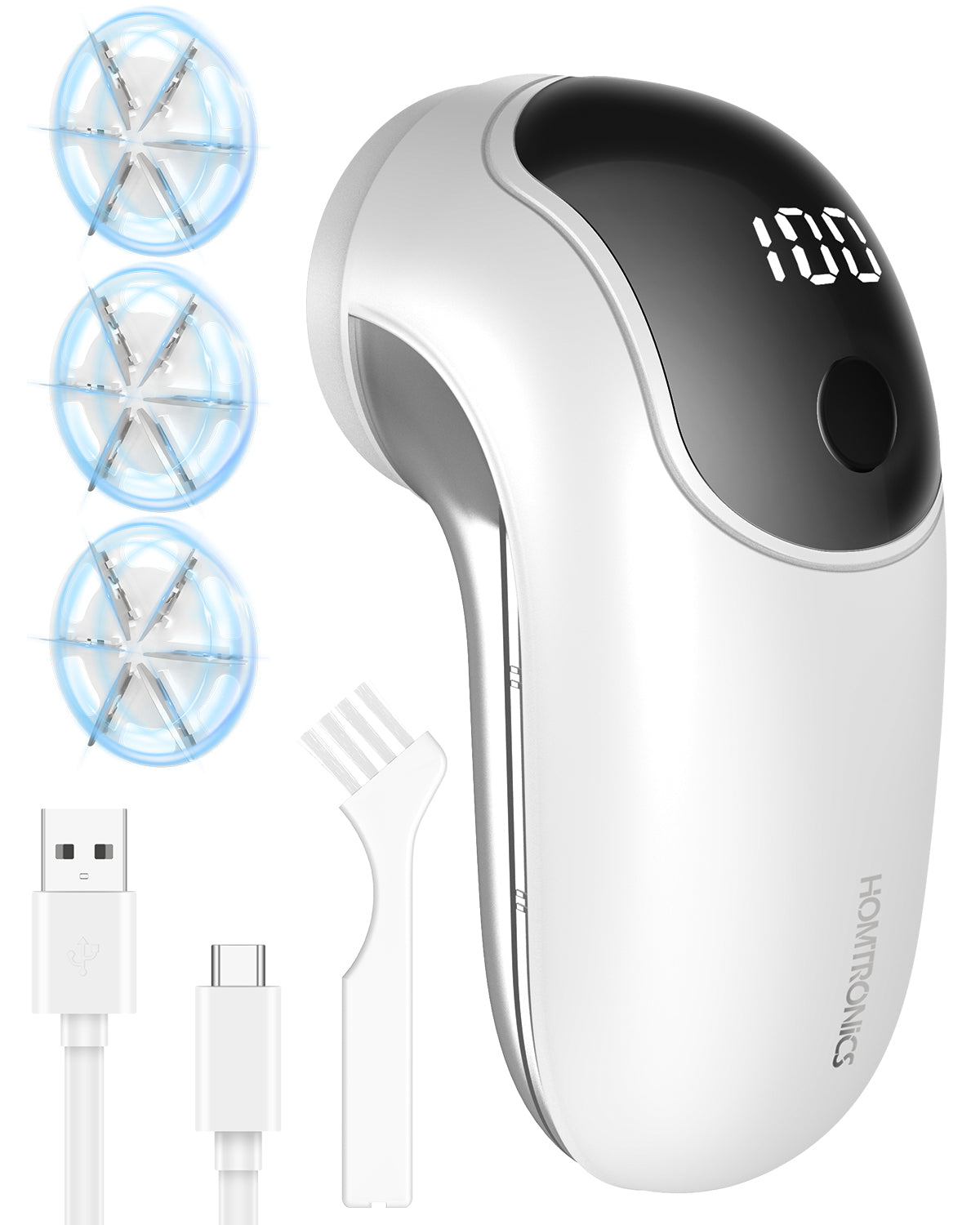 Rechargeable Fabric Shaver, [Highly Efficient] Homtronics Lint Remover with 3 Stainless Steel 6-Leaf Blades, 3 Speeds, Lint Shaver with LED Battery Display - White