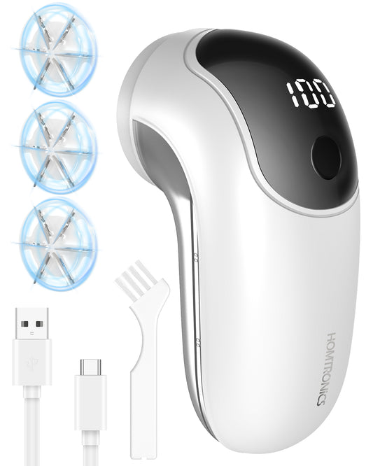 Rechargeable Fabric Shaver, [Highly Efficient] Homtronics Lint Remover with 3 Stainless Steel 6-Leaf Blades, 3 Speeds, Lint Shaver with LED Battery Display - White