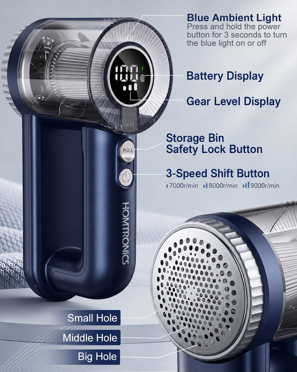 Rechargeable 2-in-1 Lint Remover with Digital LED Display-Blue