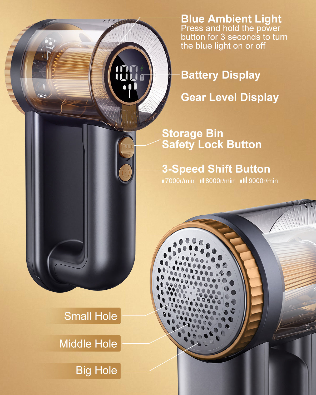 2-in-1 Rechargeable Fabric Shaver with Digital LED Display-Gold