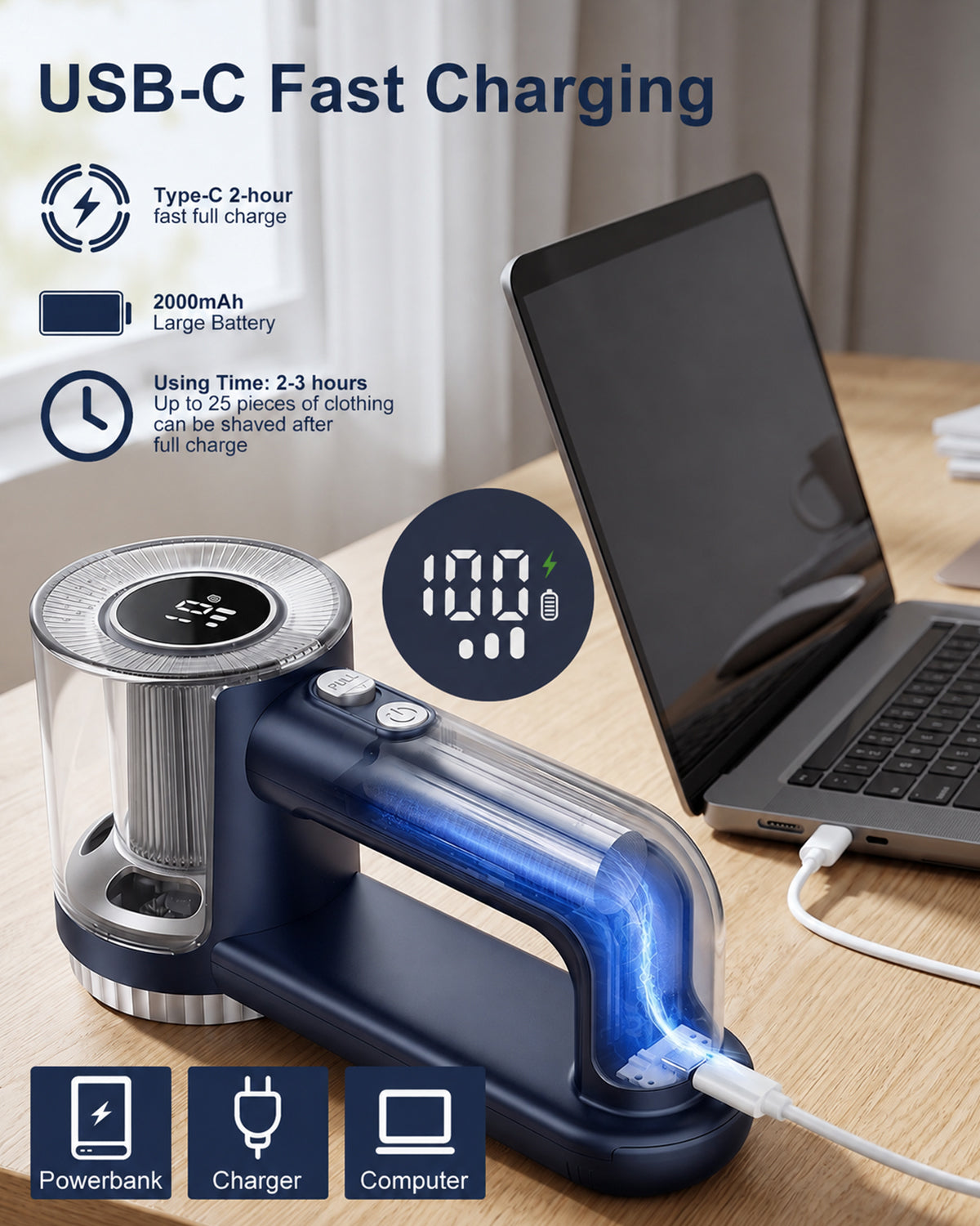Rechargeable 2-in-1 Lint Remover with Digital LED Display-Blue