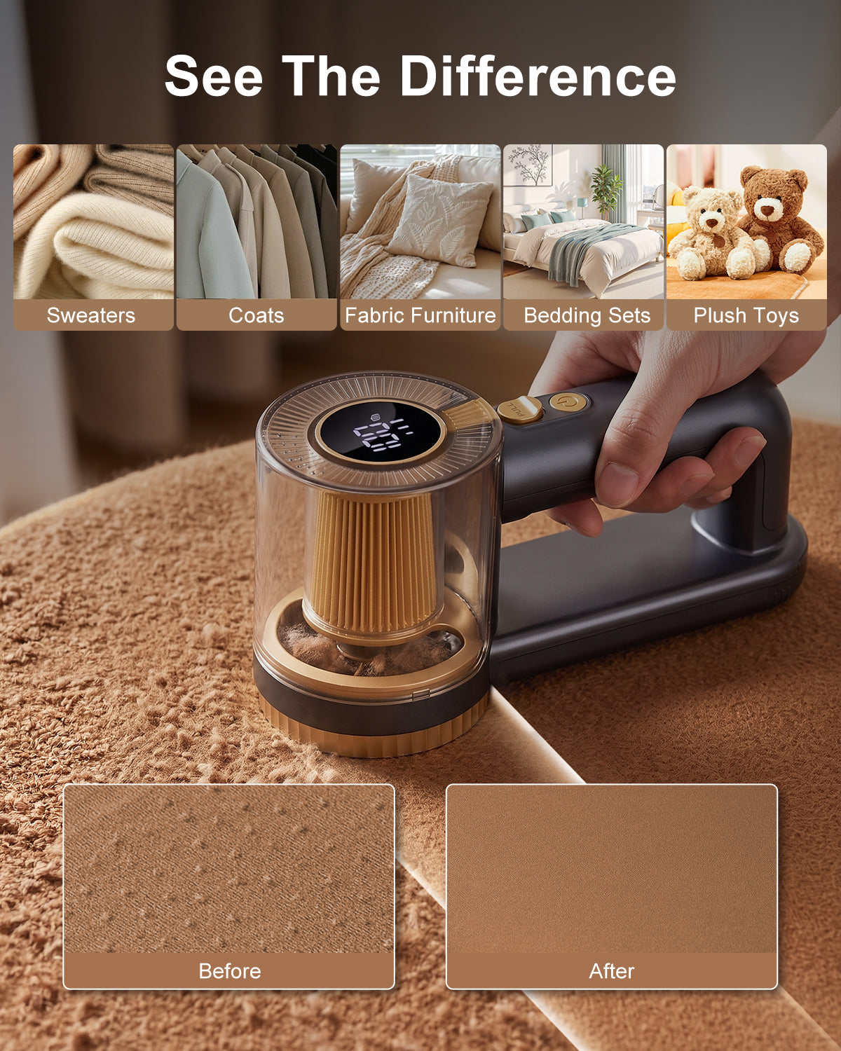 2-in-1 Rechargeable Fabric Shaver with Digital LED Display-Gold