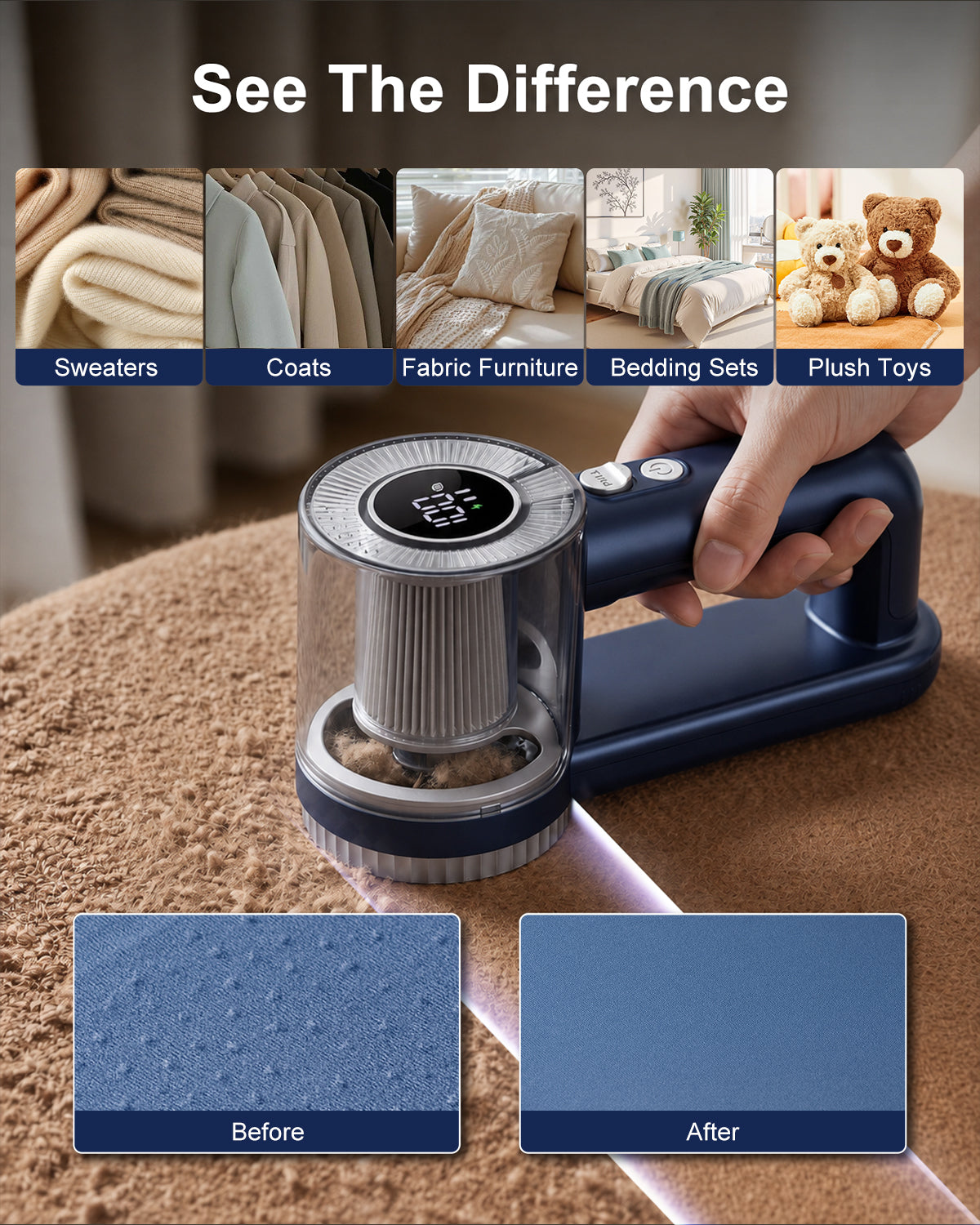 Rechargeable 2-in-1 Lint Remover with Digital LED Display-Blue