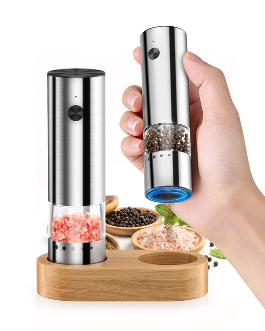 Electric Salt and Pepper Grinder, [Mini Size], Portable Electric Pepper Grinder with USB Charging, 5-Level External Adjustment, Wooden Base, Stainless Steel, Spice Grinder for Travel, BBQ
