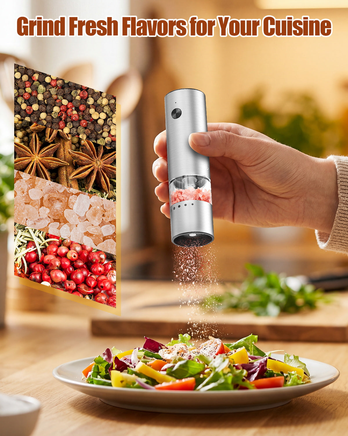 Electric Salt and Pepper Grinder, [Mini Size], Portable Electric Pepper Grinder with USB Charging, 5-Level External Adjustment, Wooden Base, Stainless Steel, Spice Grinder for Travel, BBQ