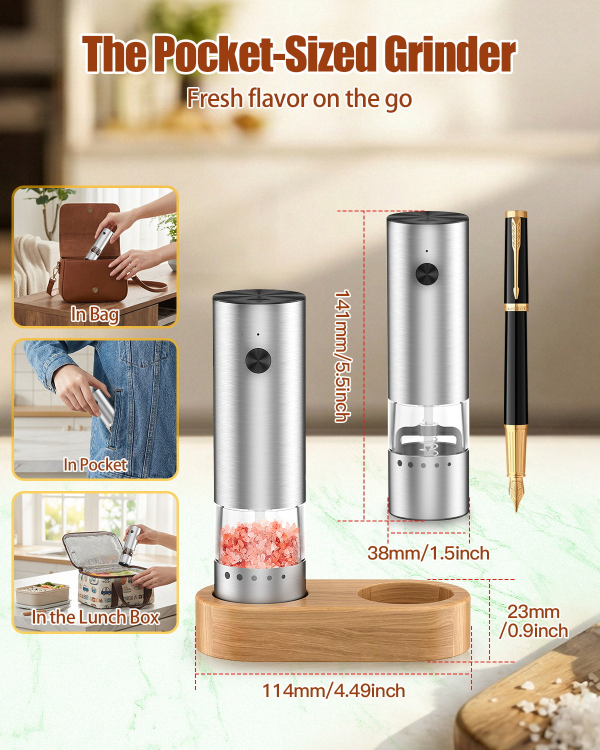 Electric Salt and Pepper Grinder, [Mini Size], Portable Electric Pepper Grinder with USB Charging, 5-Level External Adjustment, Wooden Base, Stainless Steel, Spice Grinder for Travel, BBQ