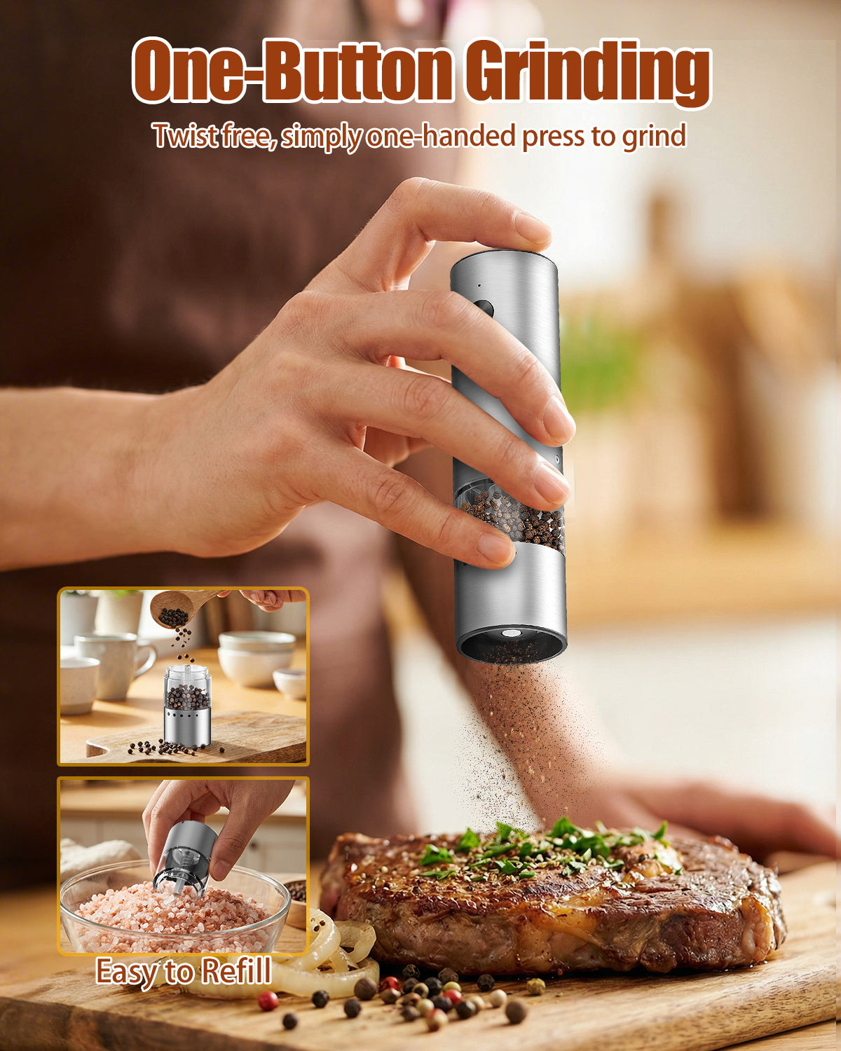Electric Salt and Pepper Grinder, [Mini Size], Portable Electric Pepper Grinder with USB Charging, 5-Level External Adjustment, Wooden Base, Stainless Steel, Spice Grinder for Travel, BBQ