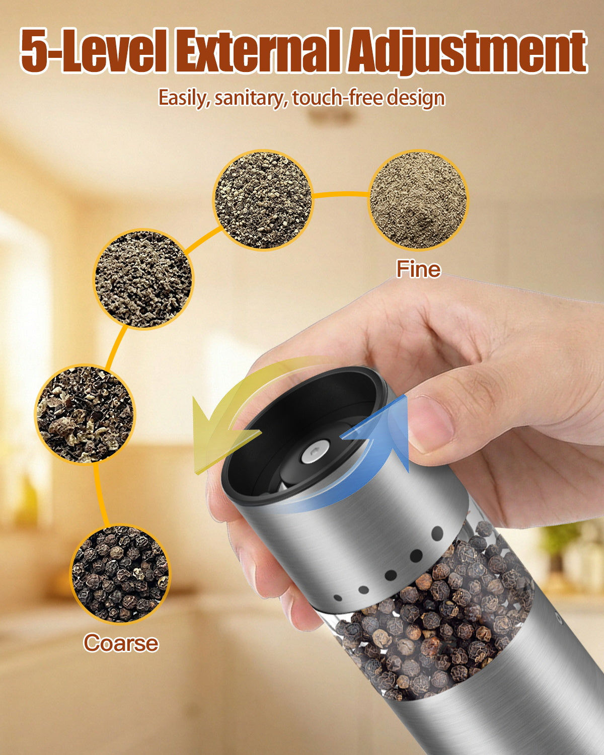 Electric Salt and Pepper Grinder, [Mini Size], Portable Electric Pepper Grinder with USB Charging, 5-Level External Adjustment, Wooden Base, Stainless Steel, Spice Grinder for Travel, BBQ