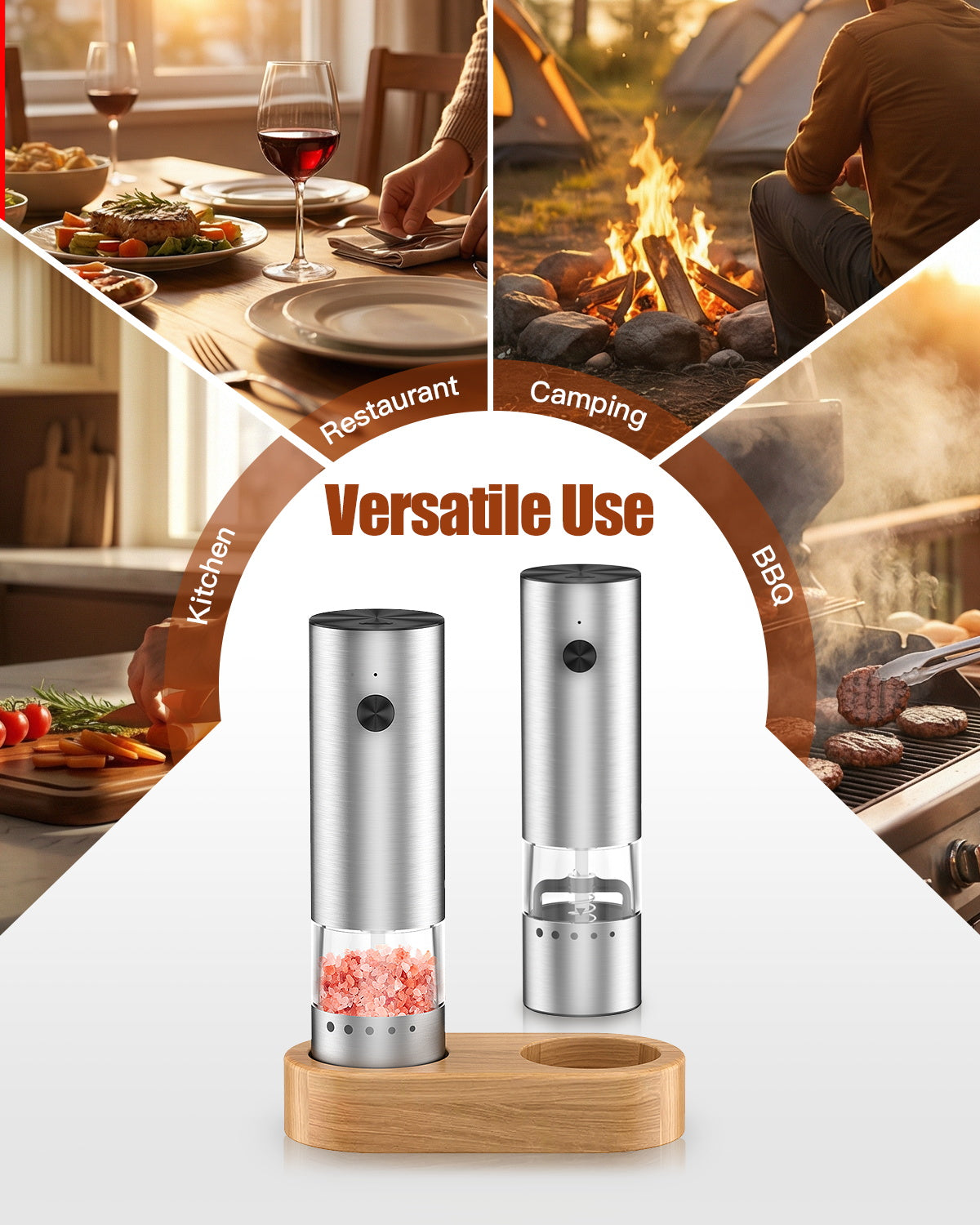 Electric Salt and Pepper Grinder, [Mini Size], Portable Electric Pepper Grinder with USB Charging, 5-Level External Adjustment, Wooden Base, Stainless Steel, Spice Grinder for Travel, BBQ