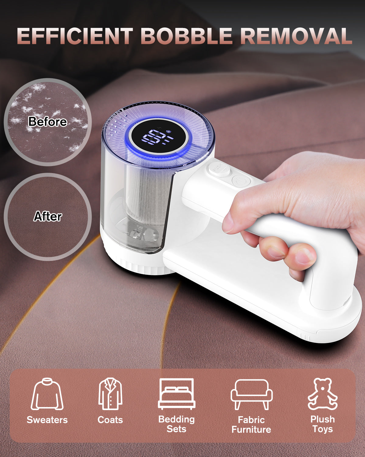 Rechargeable Fabric Shaver, [2000mAh High Capacity Battery] Homtronics Upgraded Electric Lint Remover with 3-Speed, 6-Leaf Blade, LED Display, Dual Protection, Perfect for Clothes, Sweater, Couch