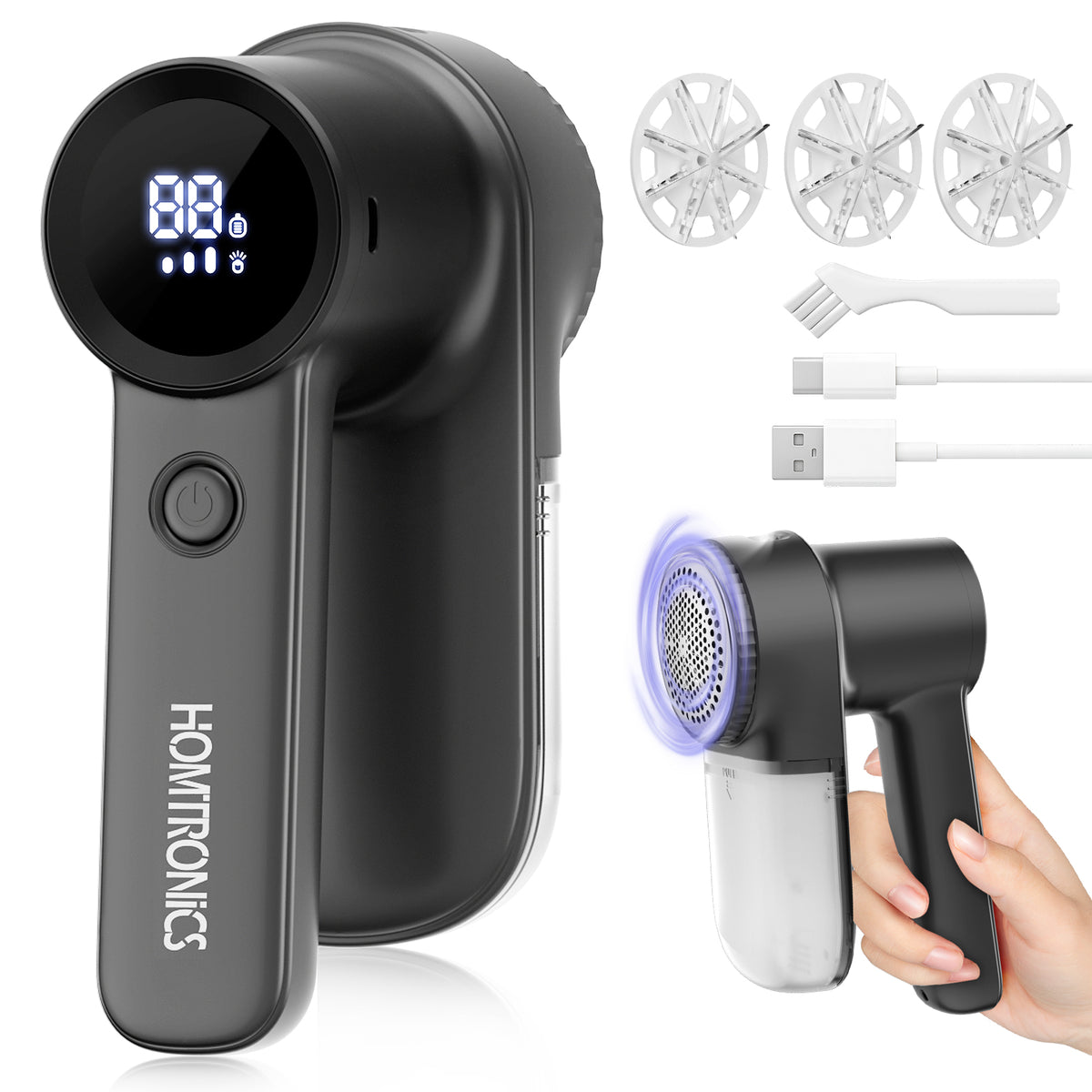 Large Electric Lint Remover, [Highly Efficient] Lint Shaver with LED Light, Digital Display, Adjustable 3-Speed, 6-Leaf Blade, Rechargeable Fabric Shaver for Clothes, Sweater, Couch