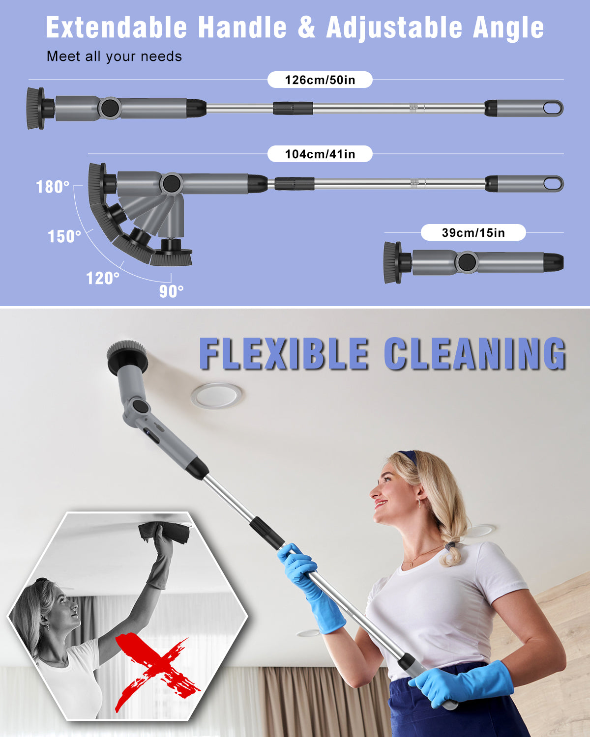 Electric Cleaning Brush, [IPX8 Waterproof] Homtronics Rotating Cleaning Brush, Folding Design, with Telescopic Rod and 8 Accessories Heads for Bathroom, Car, Window, Shower