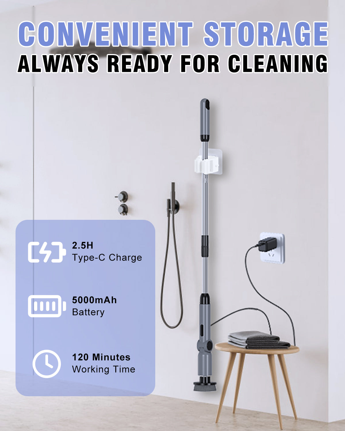 Electric Cleaning Brush, [IPX8 Waterproof] Homtronics Rotating Cleaning Brush, Folding Design, with Telescopic Rod and 8 Accessories Heads for Bathroom, Car, Window, Shower