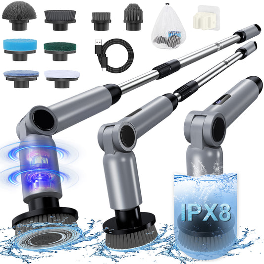 Electric Cleaning Brush, [IPX8 Waterproof] Homtronics Rotating Cleaning Brush, Folding Design, with Telescopic Rod and 8 Accessories Heads for Bathroom, Car, Window, Shower